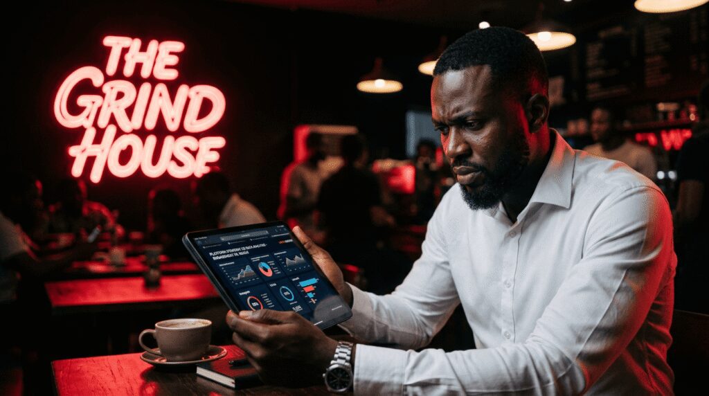 A detective-style Nigerian creator examining digital metrics on a tablet with crimson red lighting and dark background.