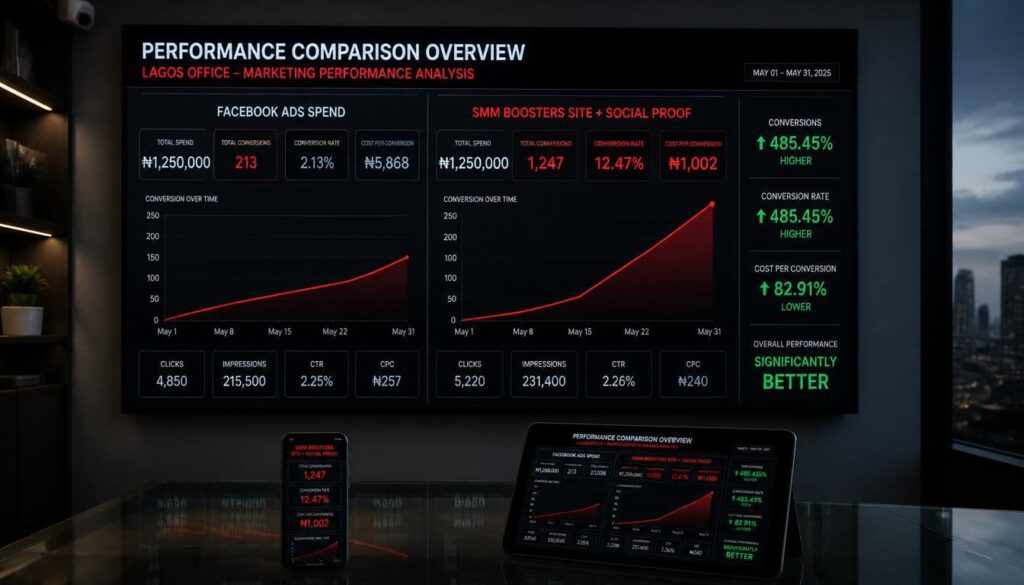 A side-by-side performance dashboard comparison showing the impact of ads and boosters on conversion rates