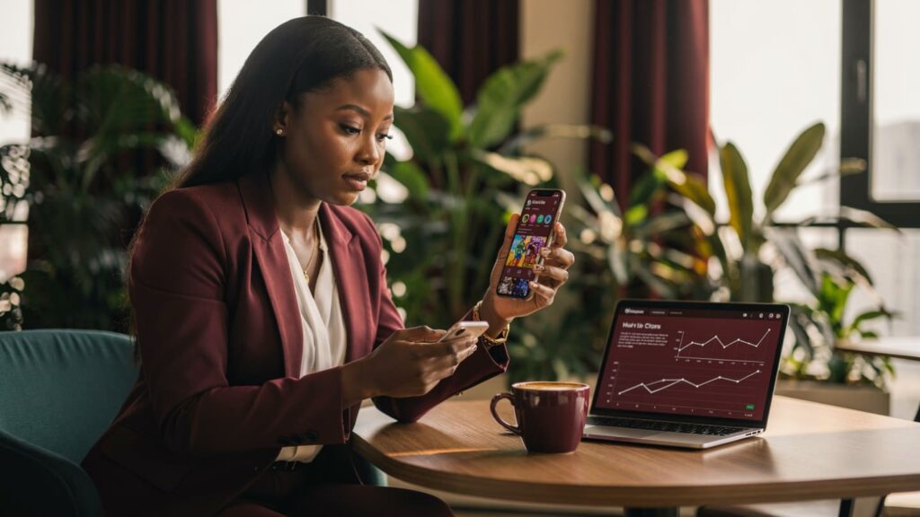 Nigerian entrepreneur reviewing Instagram analytics on a smartphone in a modern Lagos office.