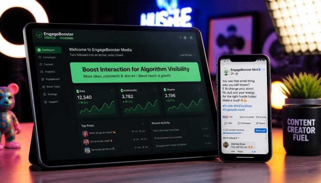 Tablet displaying EngageBooster Media homepage with engagement graphs for likes, comments, shares – not just follower count.