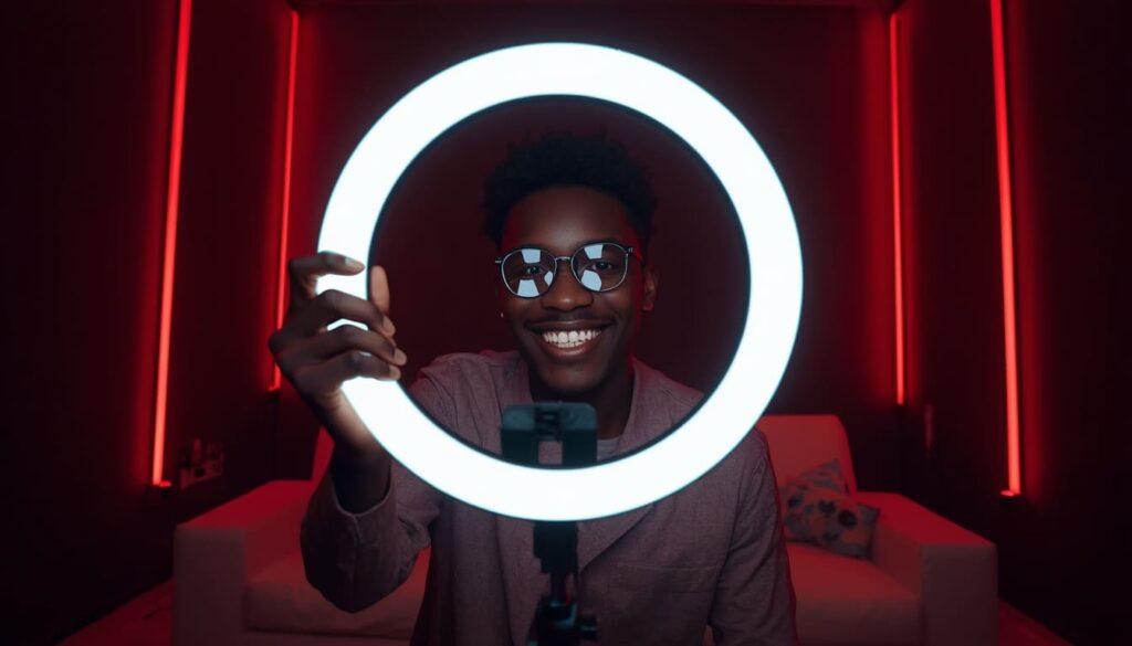 A confident Nigerian content creator filming a relatable video for social media with bright, clear lighting and focus.