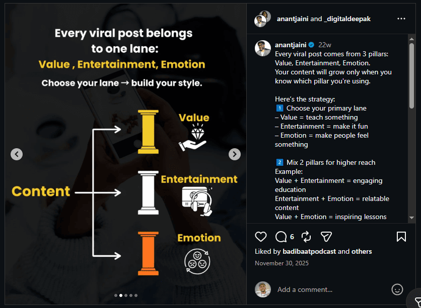 Infographic stating every viral post belongs to Value, Entertainment, or Emotion lane, with strategy tips for mixing two pillars.