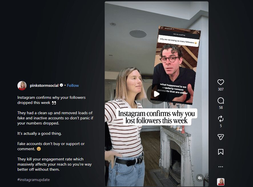 Pinkstormsocial post explaining Instagram removed fake/inactive accounts, causing follower drops but improving engagement rate and reach.