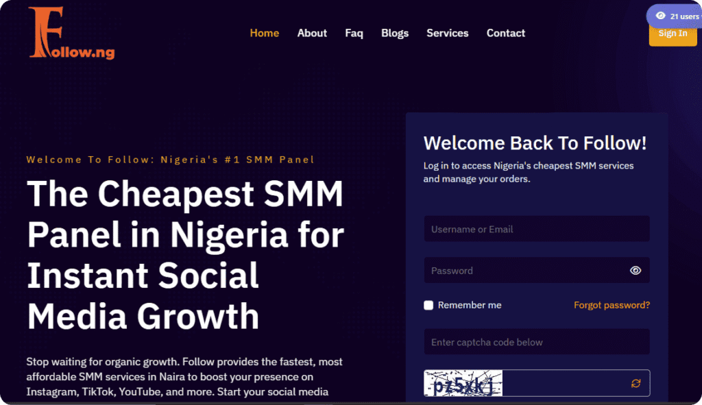 Follow.ng login page with headline “The Cheapest SMM Panel in Nigeria for Instant Social Media Growth” and captcha field.