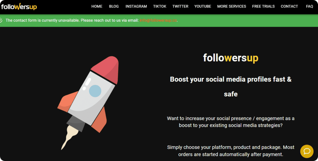 FollowersUp website header with menu (HOME, BLOG, INSTAGRAM, TIKTOK, etc.) and a contact form error message: “The contact form is currently unavailable. Please reach out via email: info@followersup.co.”
