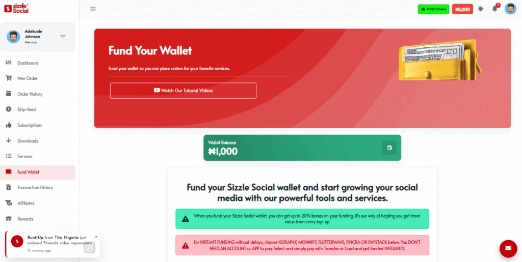 Sizzle Social wallet funding page showing ₦1,000 balance, 20% bonus offer, and instant payment options including Korapay, Monnify, Flutterwave, Fincra, Paystack.