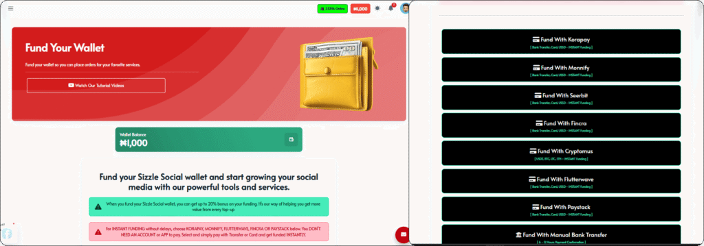 Sizzle Social fund wallet page showing ₦1,000 balance and instant payment options including Korapay, Flutterwave, Paystack, and Cryptomus for Nigerian users