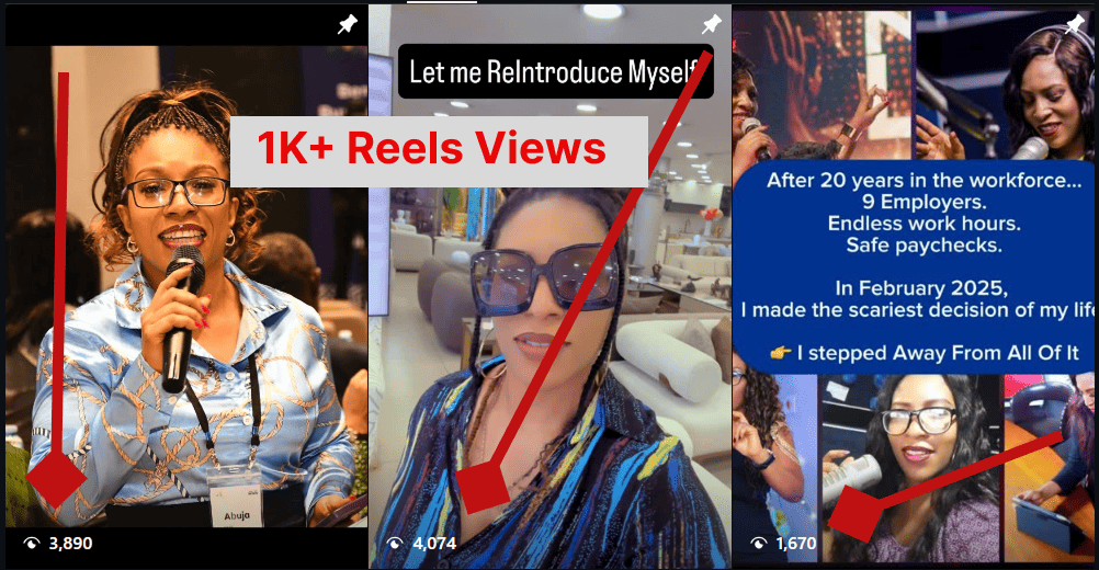 Nigerian female content creator Instagram reels grid showing personal storytelling videos with 1670 to 4074 views and pinned reintroduction post