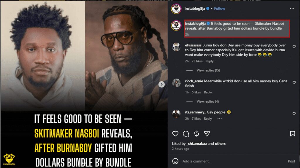 Instagram screenshot of instablog9ja reporting that skitmaker Nasboi received dollar bundles from Burnaboy, with user comments debating the gesture.