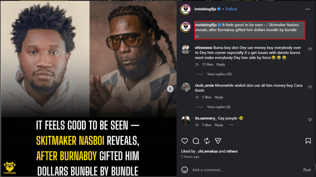 Instagram screenshot of instablog9ja reporting that skitmaker Nasboi received dollar bundles from Burnaboy, with user comments debating the gesture.
