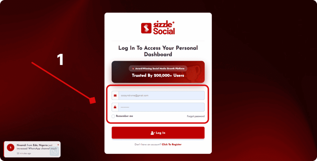 Sizzle Social login page with fields for email (acosyndrome@gmail.com), password, remember me checkbox, forgot password link, and a live update: "Nnamdi from Edo, Nigeria just increased WhatsApp channel reach 22 minutes ago".