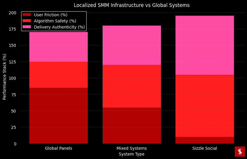 Data table comparing system types: Global Panels (90% user friction, 45% algorithm safety, 40% delivery authenticity), Mixed Systems (55%, 50%, 45%), Sizzle Social (10%, 15%, 55%).