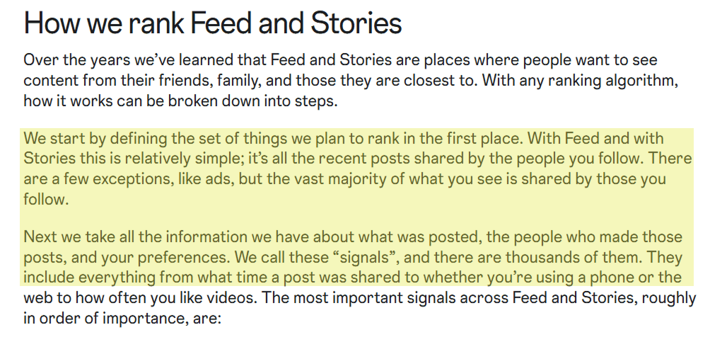 Educational post explaining how Instagram ranks Feed and Stories using signals like post time, device type, and user preferences.