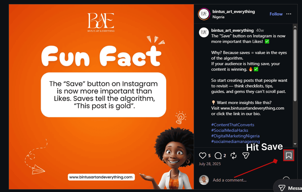 Educational post from bintus_art_everything explaining that Instagram's Save button matters more than Likes for algorithm ranking.
