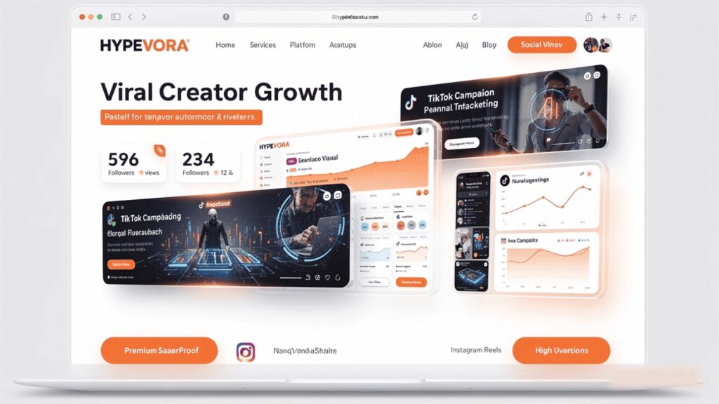 Hypevora dashboard showing “Viral Creator Growth” with metrics: 596 followers, 234 followers, 12%, and TikTok campaign targeting options.