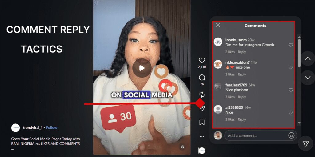 Social media growth graphic reading "Comment Reply Tactics – 2,110 on Social Media – 30" by trendviral1 promoting real Nigerian likes and comments.