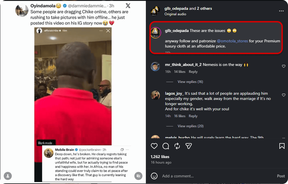 Instagram thread discussing Chike (Nigerian artist) being dragged online while others take pictures with him, with comments about marriage, unfaithfulness