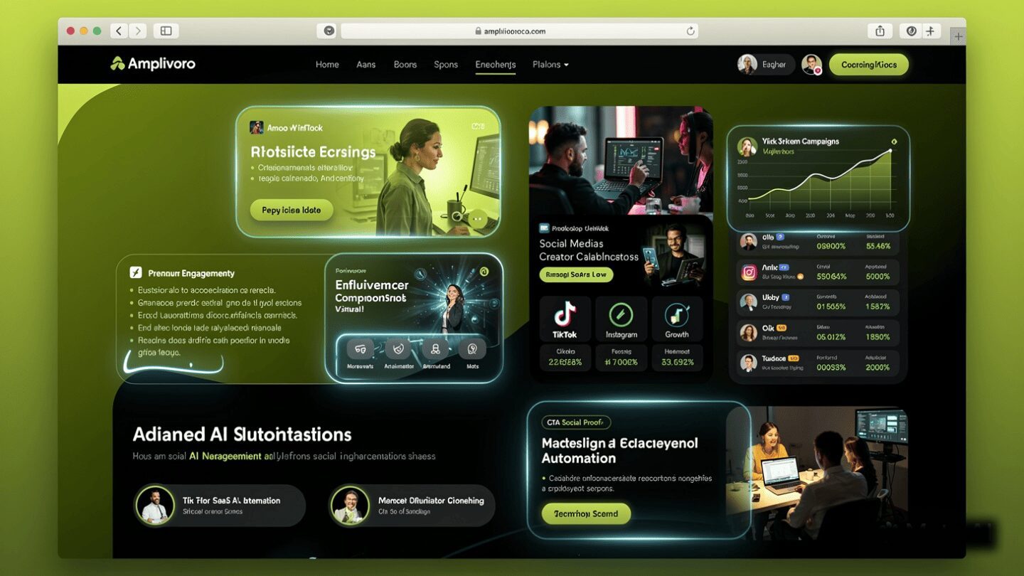 Amplivoro homepage with sections: Premunt Engagement, Adained AI Slutointations, Social Medias Creator Calablincstoss, and metrics