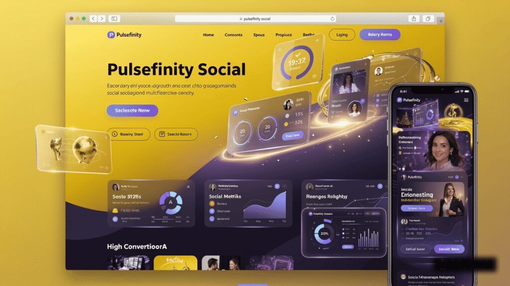 Pulsefinity Social dashboard with metrics: 19:37 Eden, 1.5% and 20 total limit, plus High Convertioor