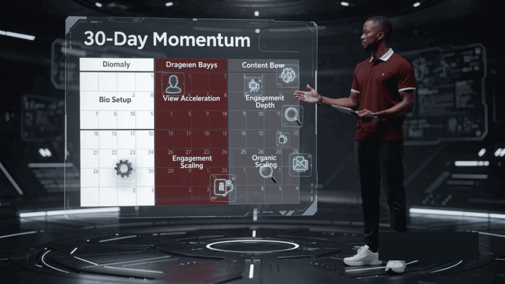 A 30-day calendar highlighting specific phases for bio optimization, engagement velocity, and data-driven scaling.