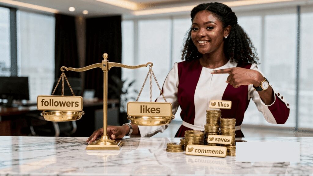 A balanced scale comparing follower count with likes and saves