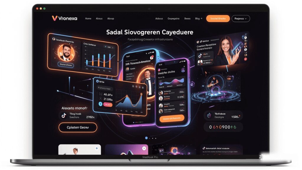 Vironexa homepage with “Saldi Siovogeren Cayeduree”, a buy button (₦5,4Psy), social graph showing 0.4% creators restriction, and various percentages.