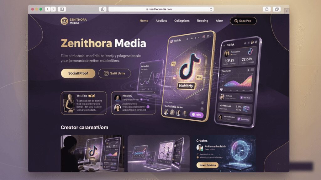 Zenithora Media dashboard with TikTok and Viohlerty engagement stats, creator stats (9.2%, 407%, etc.), and a “Creator cararaatüom” section.
