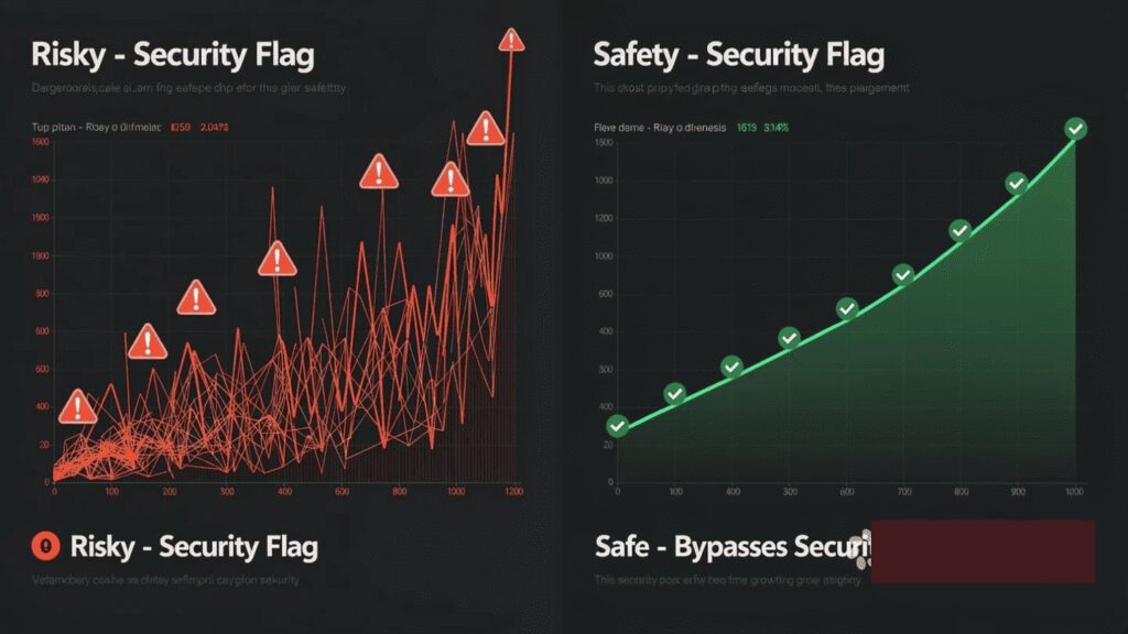 Comparison of Risky (Security Flag) with dangerous spike pattern vs. Safety (Security Flag) with smooth, gradual growth curve and lower volatility.