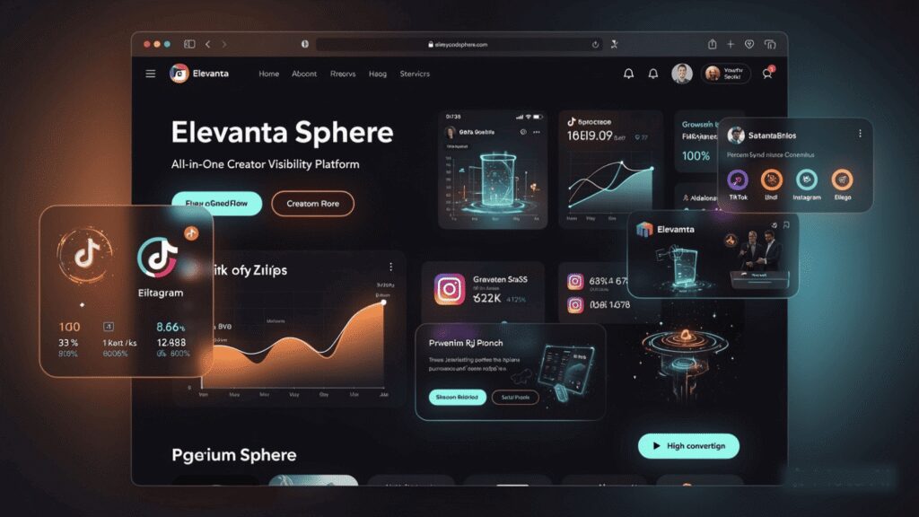 Elevanta Sphere dashboard with Eiltagram metrics (100%, 33%, 81.69%, 8.66%, 12,488), a sidebar (Elevanta, All Data, History, etc.), and “High converting” button.