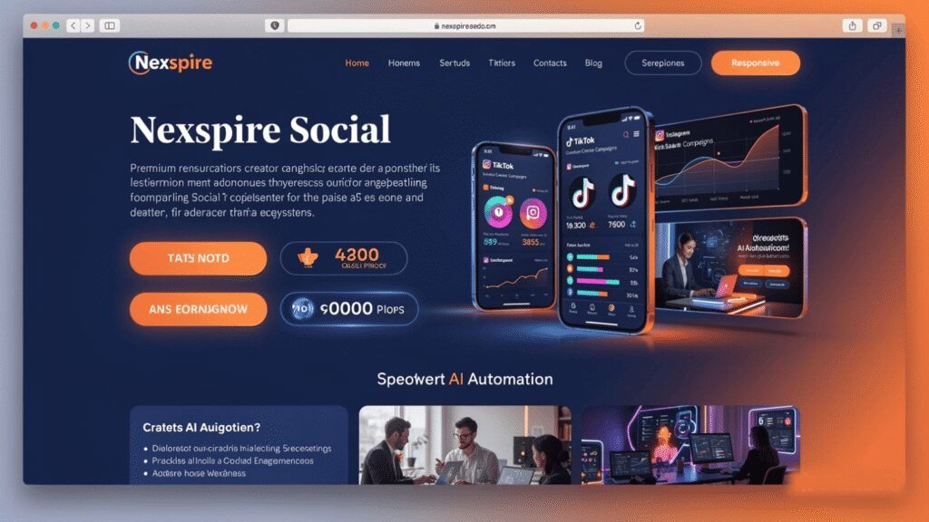 Nespire Social homepage in Spanish, offering AI automation tools (TikTok, ChatGPT, Google Gemini, Adobe suite) and metrics: