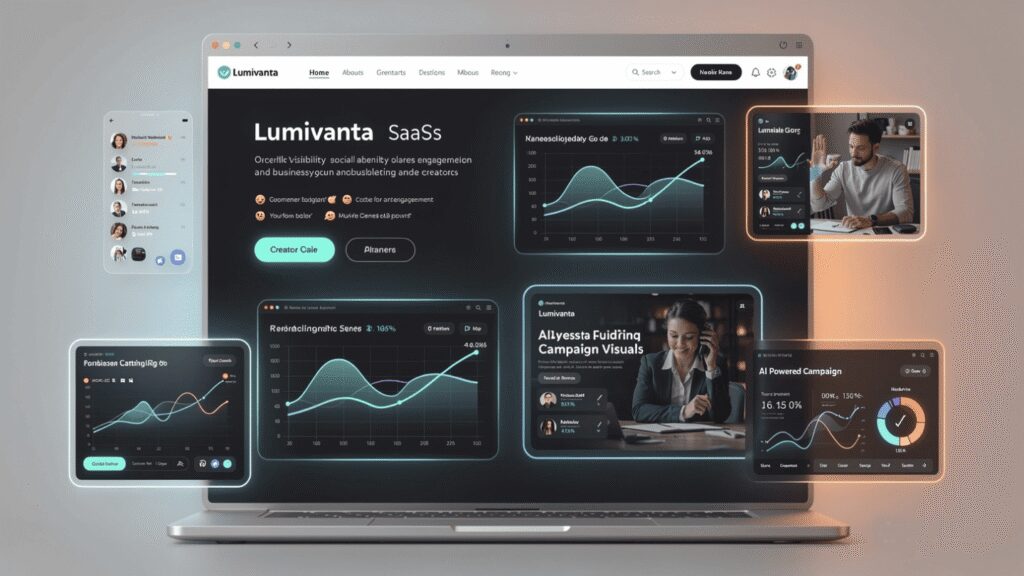 Lumivanta SaaS dashboard in French, with engagement rate 16.15%, AI powered campaign, and a gauge showing 3.007% and 54.0%.