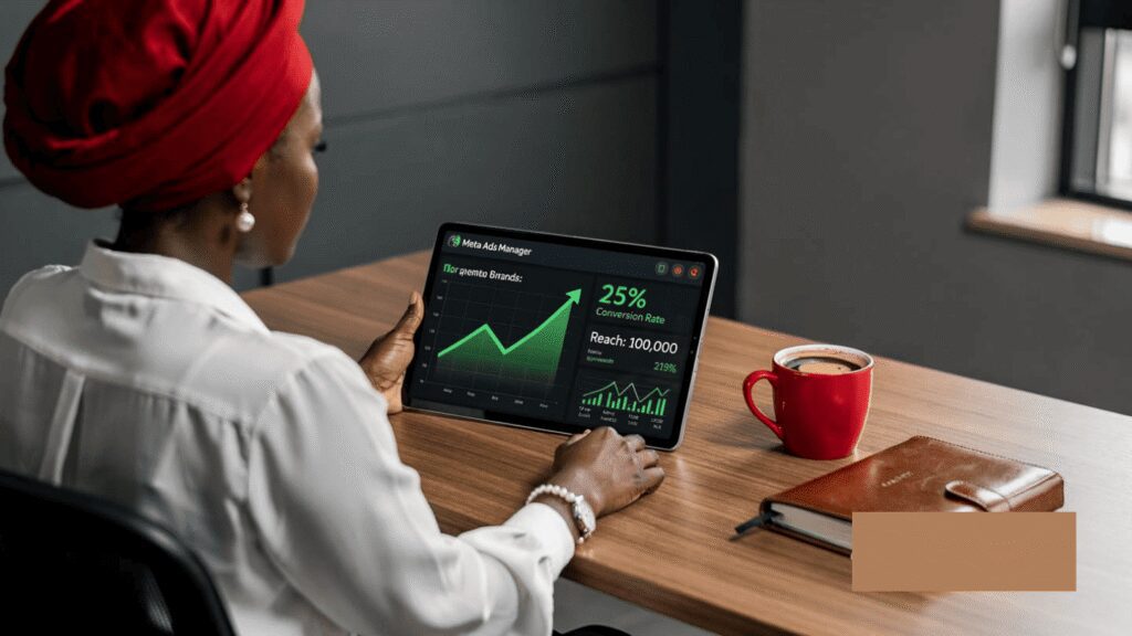 A close-up view of the Meta Ads Manager interface highlighting successful campaign metrics for a Lagos-based retail brand.