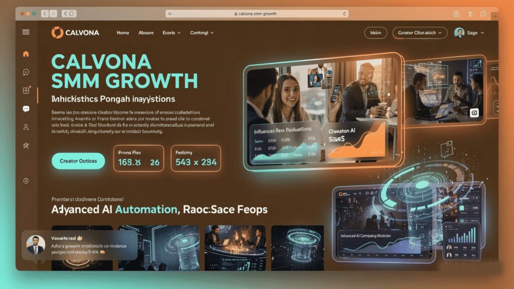 Calvona SMM Growth dashboard with garbled text, metrics (163.8, 26, 543 x 234), and sections: