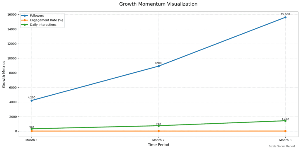 A line chart showing a gradual but steady upward trend in account followers and engagement metrics over a three month period.