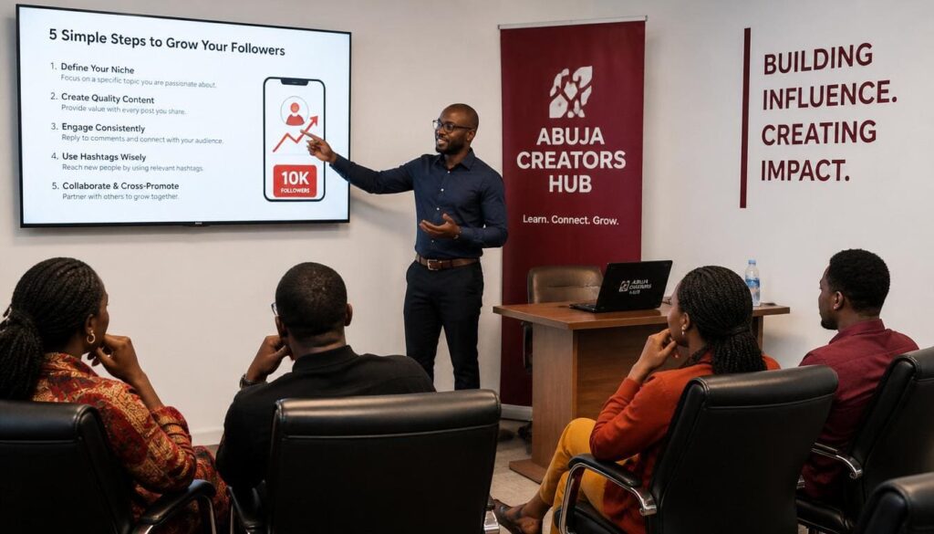 Trainer explaining social media growth steps