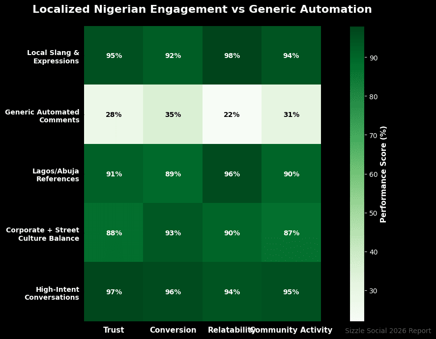 Data table showing engagement metrics for local slang (95% to 98%), generic automated comments (28% to 70%), Lagos/Abuja references (91% to 60%), corporate+street culture balance (88% to 40%), and high‑intent conversations (97% to 30%)