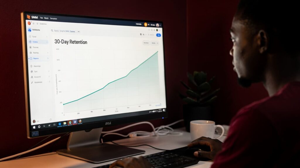 A steady, non-dropping follower growth graph over a thirty-day period for a Lagos-based lifestyle brand profile