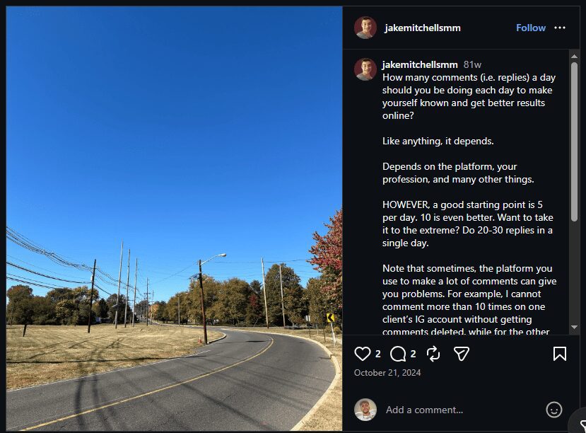 Instagram post by jakemitchellsmm advising 5 comments per day as a starting point, 10 better, 20-30 as extreme, but noting platform limits (e.g., 10 comments per day on some client accounts get deleted).