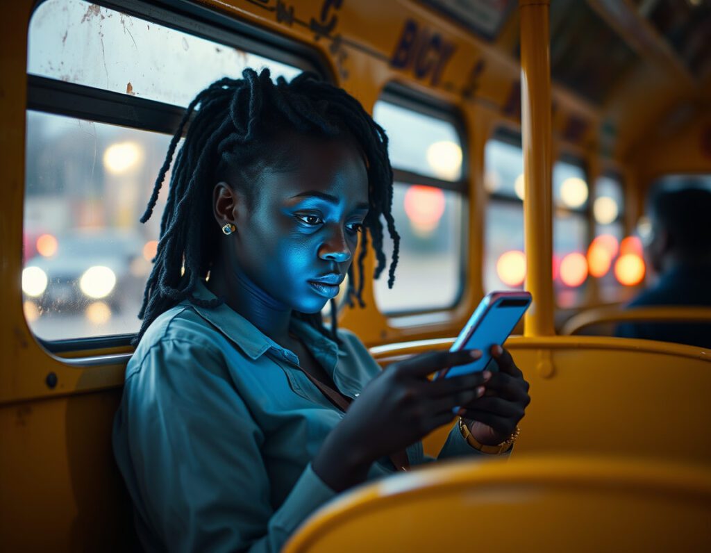 A young Nigerian woman sitting in a yellow Danfo bus, face glowing from her viral smartphone screen.
