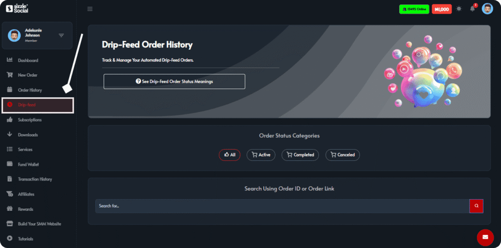 Sizzle Social "Dipi-Feed Order History" interface with status filters (All, Active, Completed, Canceled) and a left navigation menu.