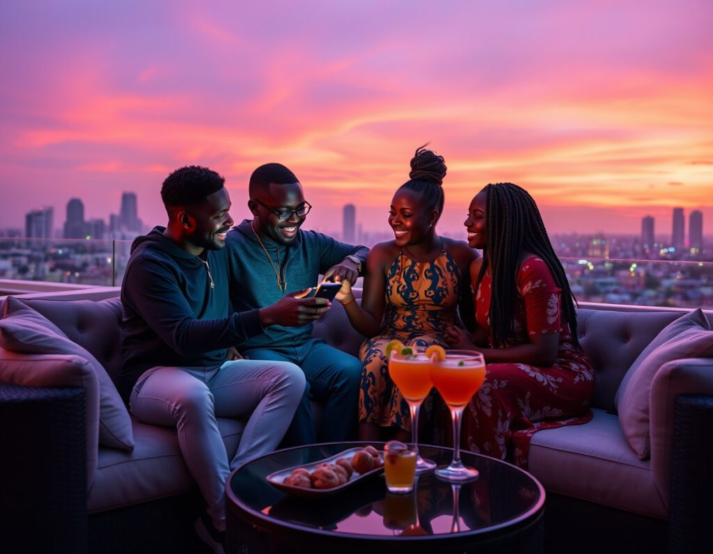 A group of Gen-Z friends laughing at a rooftop lounge in Lekki, sharing a single smartphone screen