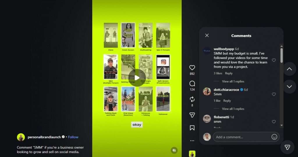 Instagram post by Personalbrandlaunch asking users to comment "SMM" if they want to grow and sell, with reply examples and a list of video formats.