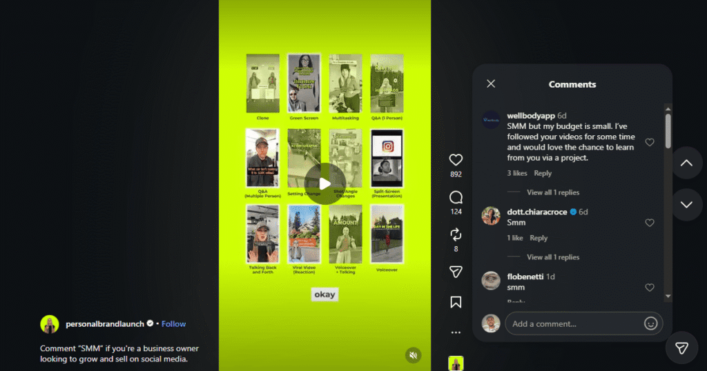 Instagram post by Personalbrandlaunch asking users to comment "SMM" if they want to grow and sell, with reply examples and a list of video formats.
