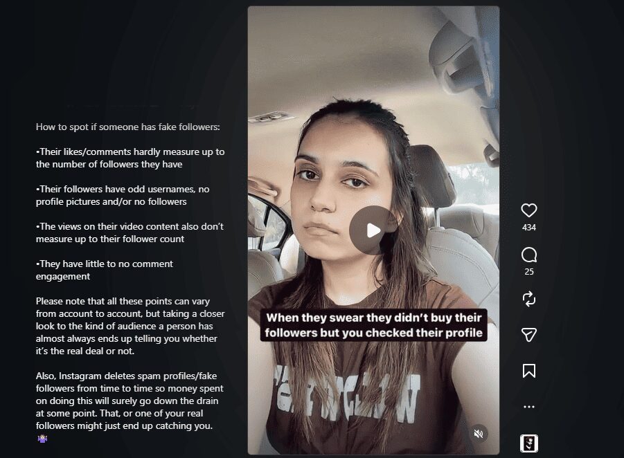 Educational post listing signs of fake followers: likes/comments don't match follower count, odd usernames, no profile pics, low video views, little comment engagement.