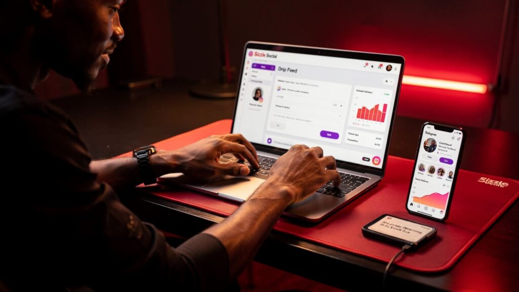 A Nigerian man setting up a "Drip Feed" order on Sizzle Social for gradual Instagram growth.