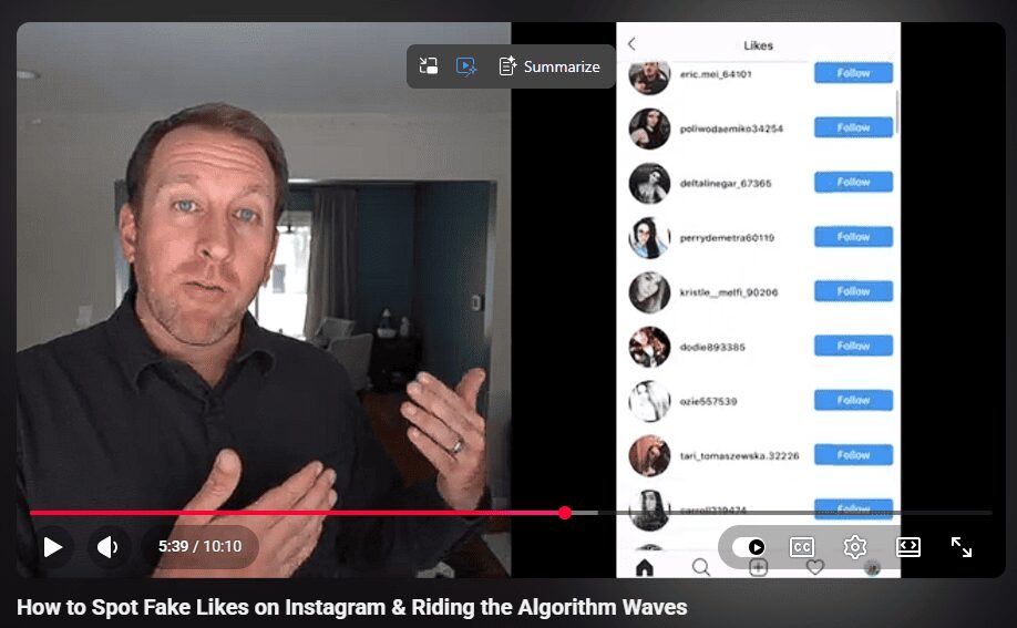 Screenshot of a video titled “How to Spot Fake Likes on Instagram & Riding the Algorithm Waves” showing a list of suspicious usernames with random numbers and no profile pictures.