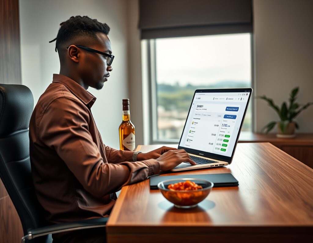 A tech-savvy man in Yaba paying for SMM services using his laptop while drinking local palm wine.