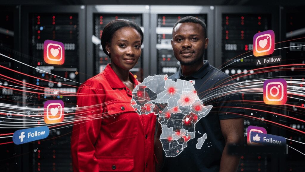 A digital visualization of high-speed API connections routing social signals from global servers to active Nigerian Instagram profiles