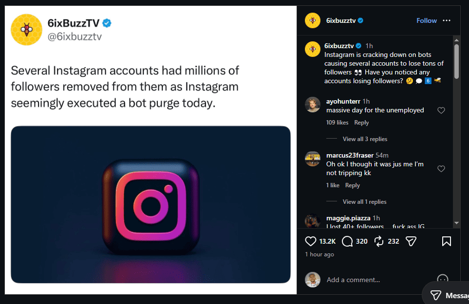 Tweet from 6ixBuzzTV reporting Instagram removed millions of followers in a bot purge, with a user comment realizing it wasn't just them
