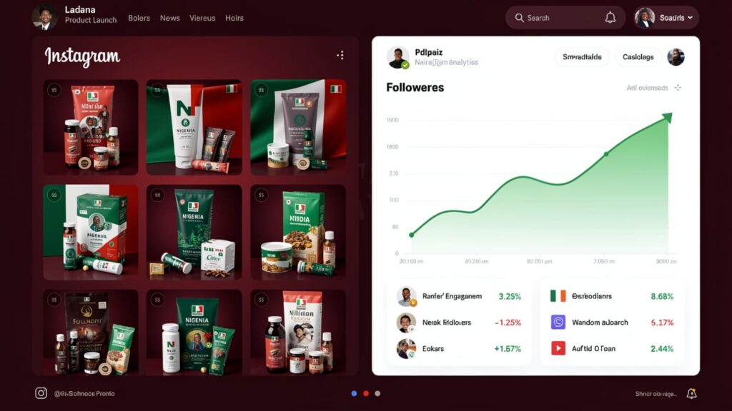 Messy Instagram analytics dashboard showing follower counts over time, a line chart with timestamps, and user stats including engagement rate 3.25% and net followers -1.25%.